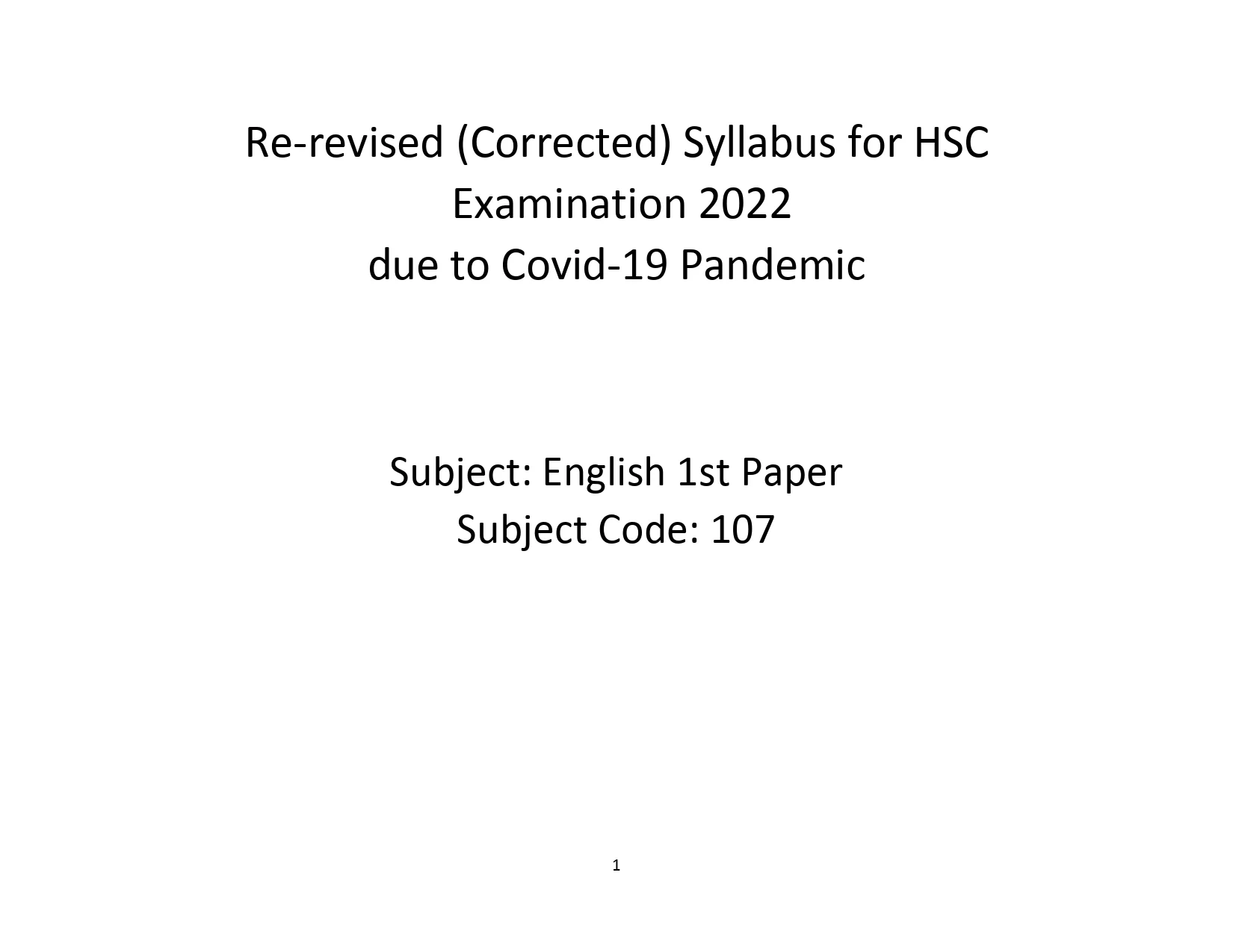 English 1st Paper - HSC Short Syllabus 2022