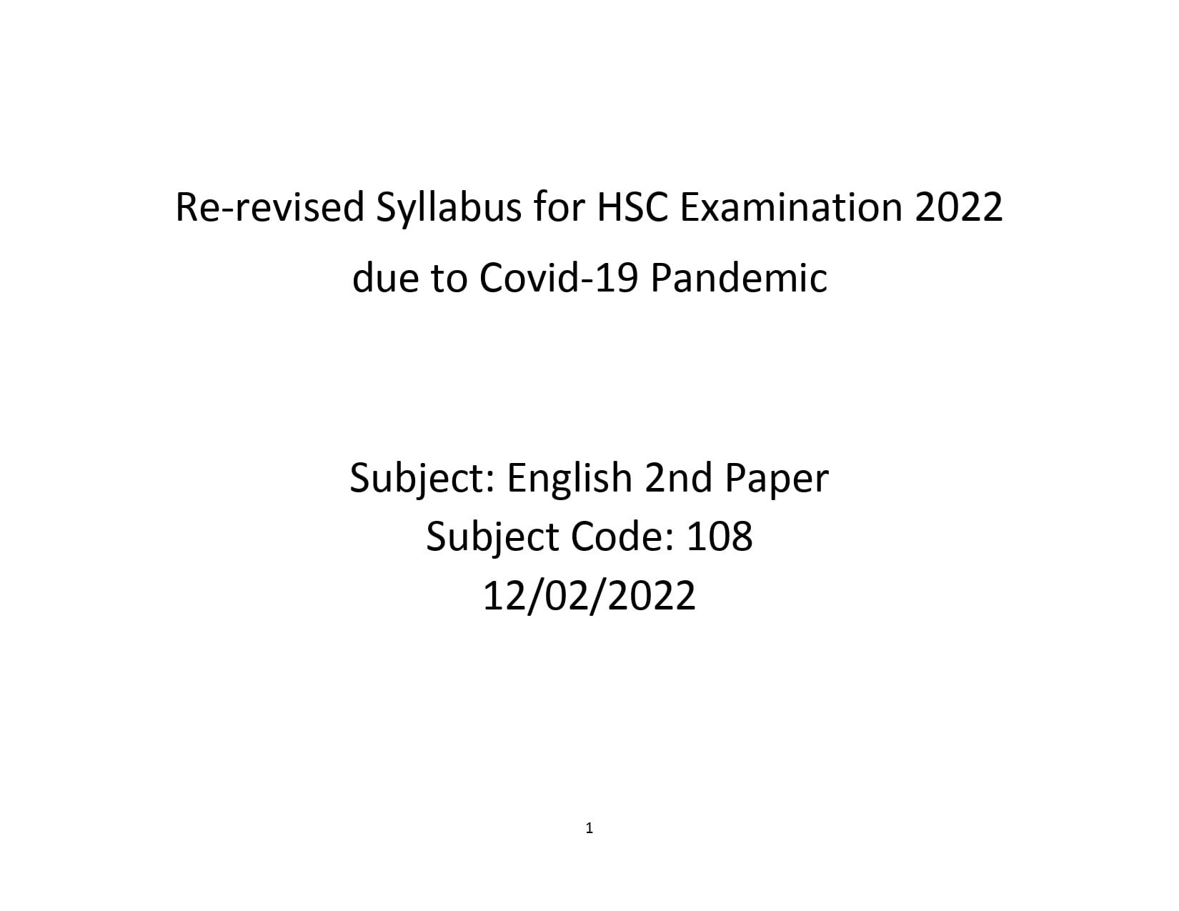 English 2nd Paper - HSC Short Syllabus 2022